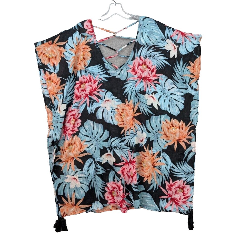 Kona Sol Women's Floral Criss Cross Lattice Back Swim Cover Stretch Size L NWT